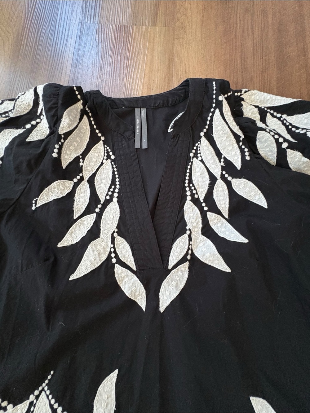 Anthropologie Black Blouse with White Leaf Embroidery - Picture 9 of 12